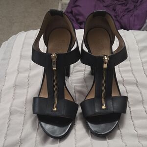 Franco Sarto Black Heeled Sandals with Gold Zipper